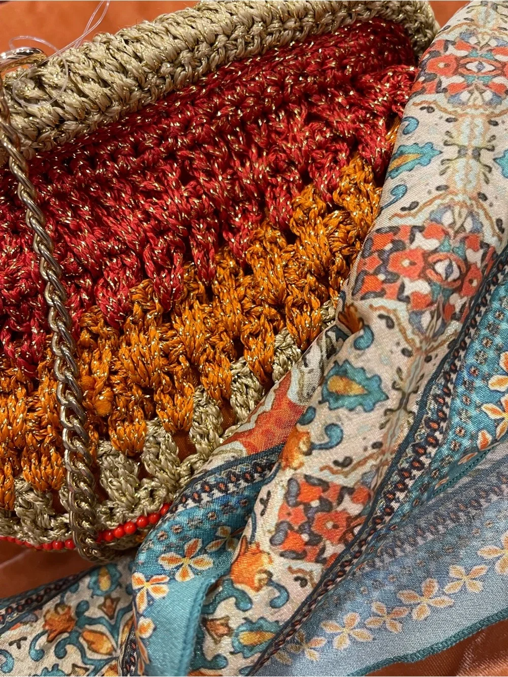 Free People Crocheted Crossbody Bag in Red, Orange, Tan - Picture 11 of 12